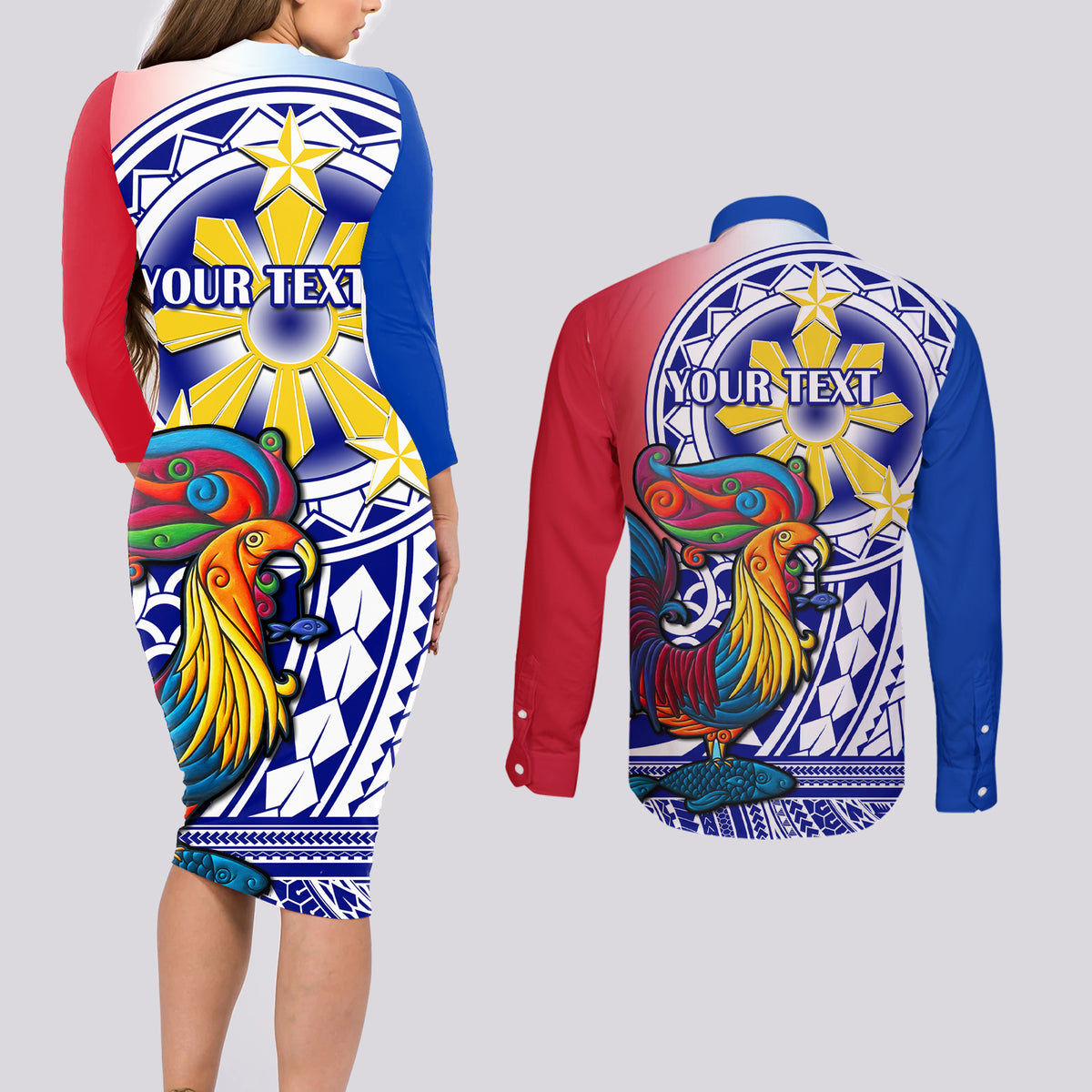 Personalised Philippines Couples Matching Long Sleeve Bodycon Dress and Long Sleeve Button Shirt Filipino Sarimanok With Polynesian Tattoo LT14 - Polynesian Pride