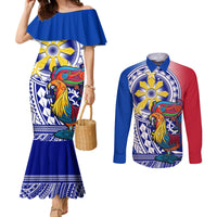 Personalised Philippines Couples Matching Mermaid Dress and Long Sleeve Button Shirt Filipino Sarimanok With Polynesian Tattoo LT14 Blue - Polynesian Pride