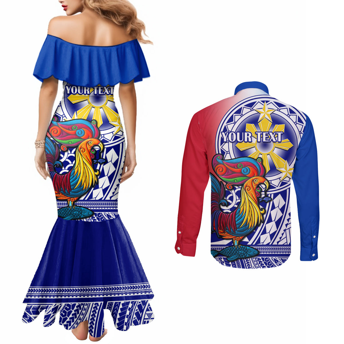 Personalised Philippines Couples Matching Mermaid Dress and Long Sleeve Button Shirt Filipino Sarimanok With Polynesian Tattoo LT14 - Polynesian Pride