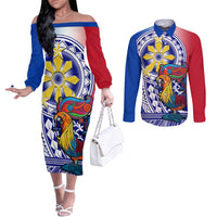 Personalised Philippines Couples Matching Off The Shoulder Long Sleeve Dress and Long Sleeve Button Shirt Filipino Sarimanok With Polynesian Tattoo LT14 Blue - Polynesian Pride