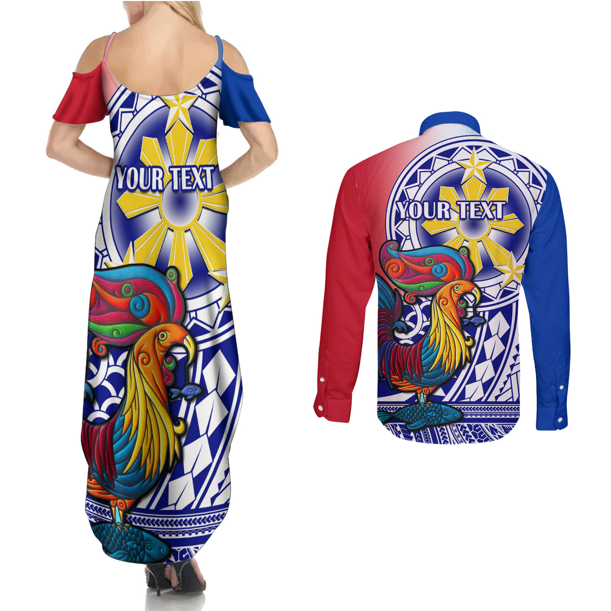 Personalised Philippines Couples Matching Summer Maxi Dress and Long Sleeve Button Shirt Filipino Sarimanok With Polynesian Tattoo LT14 - Polynesian Pride