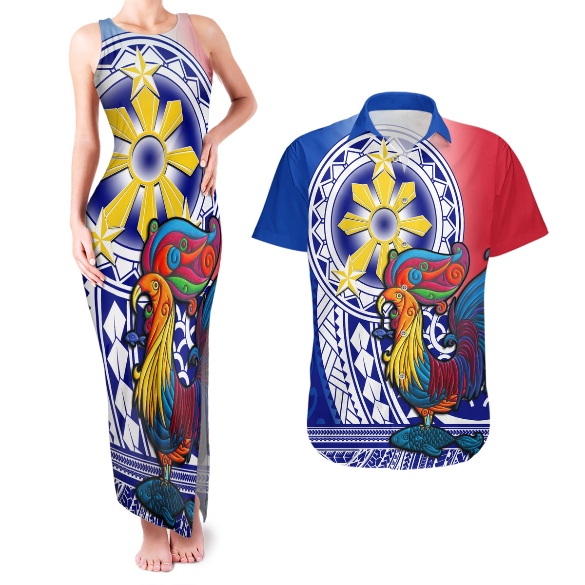 Personalised Philippines Couples Matching Tank Maxi Dress and Hawaiian Shirt Filipino Sarimanok With Polynesian Tattoo LT14 Blue - Polynesian Pride