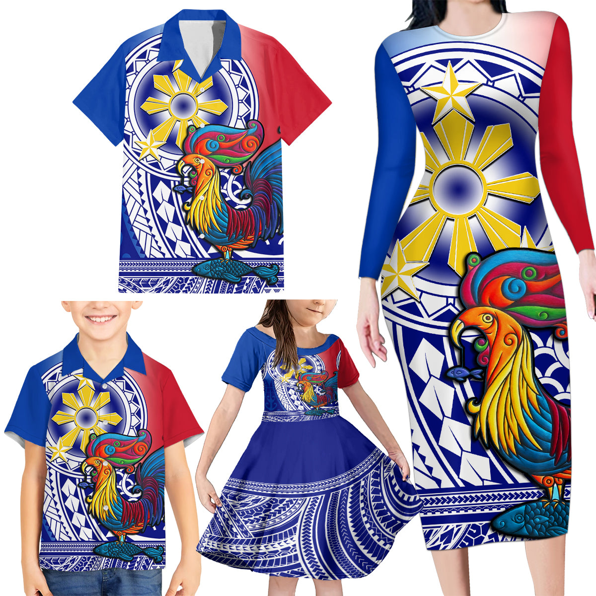 Personalised Philippines Family Matching Long Sleeve Bodycon Dress and Hawaiian Shirt Filipino Sarimanok With Polynesian Tattoo LT14 - Polynesian Pride