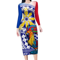 Personalised Philippines Family Matching Long Sleeve Bodycon Dress and Hawaiian Shirt Filipino Sarimanok With Polynesian Tattoo LT14 Mom's Dress Blue - Polynesian Pride