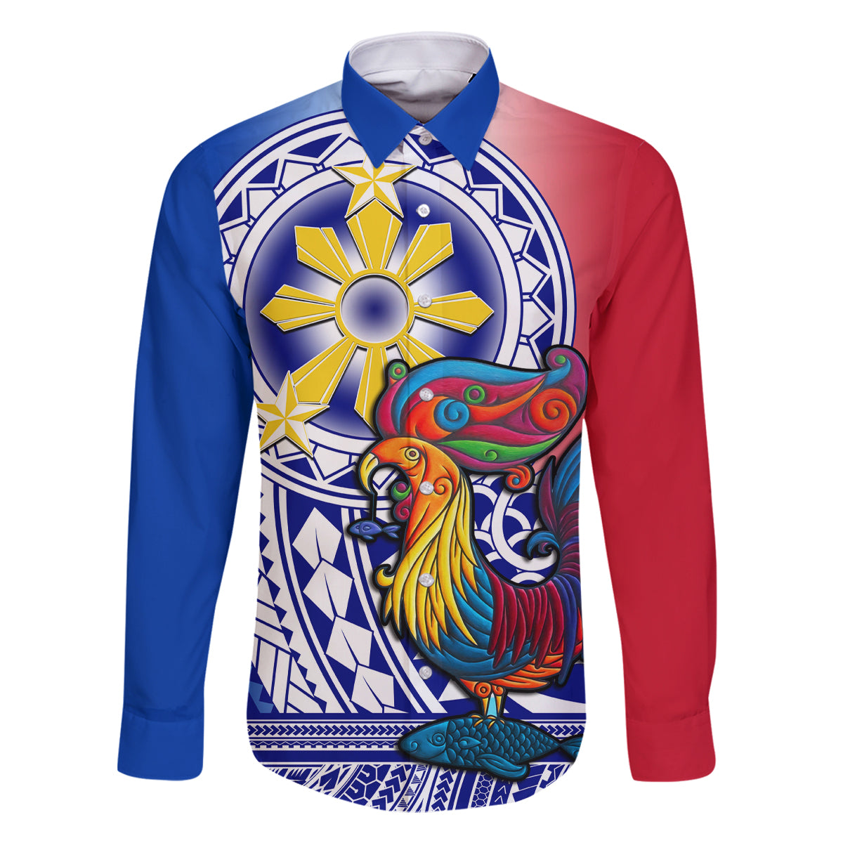 Personalised Philippines Family Matching Off Shoulder Short Dress and Hawaiian Shirt Filipino Sarimanok With Polynesian Tattoo LT14 Dad's Shirt - Long Sleeve Blue - Polynesian Pride