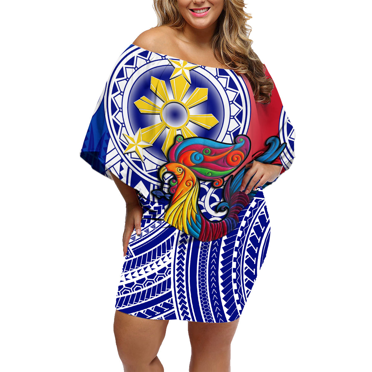 Personalised Philippines Family Matching Off Shoulder Short Dress and Hawaiian Shirt Filipino Sarimanok With Polynesian Tattoo LT14 Mom's Dress Blue - Polynesian Pride