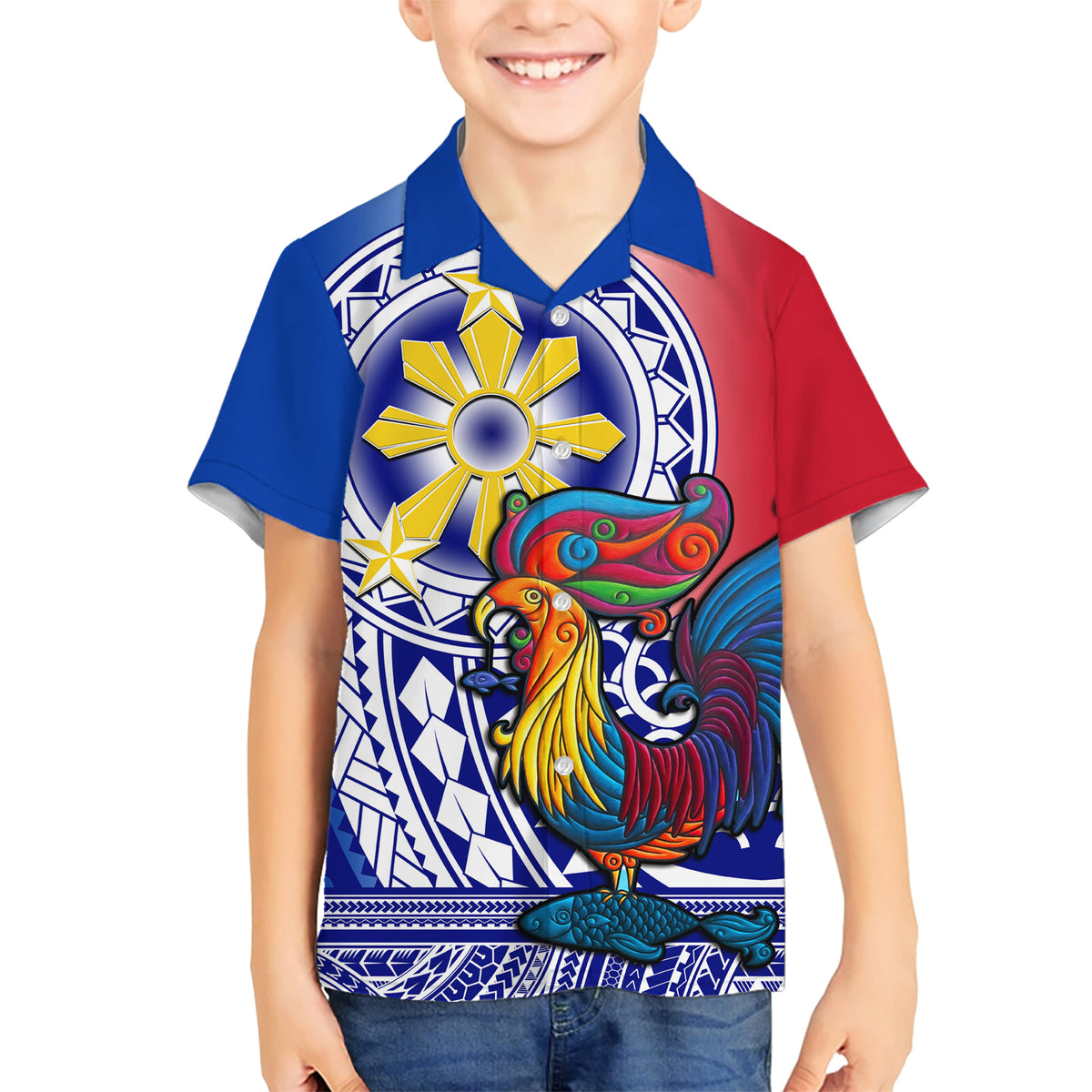 Personalised Philippines Family Matching Short Sleeve Bodycon Dress and Hawaiian Shirt Filipino Sarimanok With Polynesian Tattoo LT14 Son's Shirt Blue - Polynesian Pride
