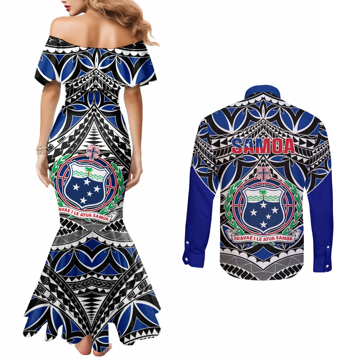 Samoa 685 Couples Matching Mermaid Dress and Long Sleeve Button Shirt Samoan Coat Of Arms Simple Style LT14 - Polynesian Pride