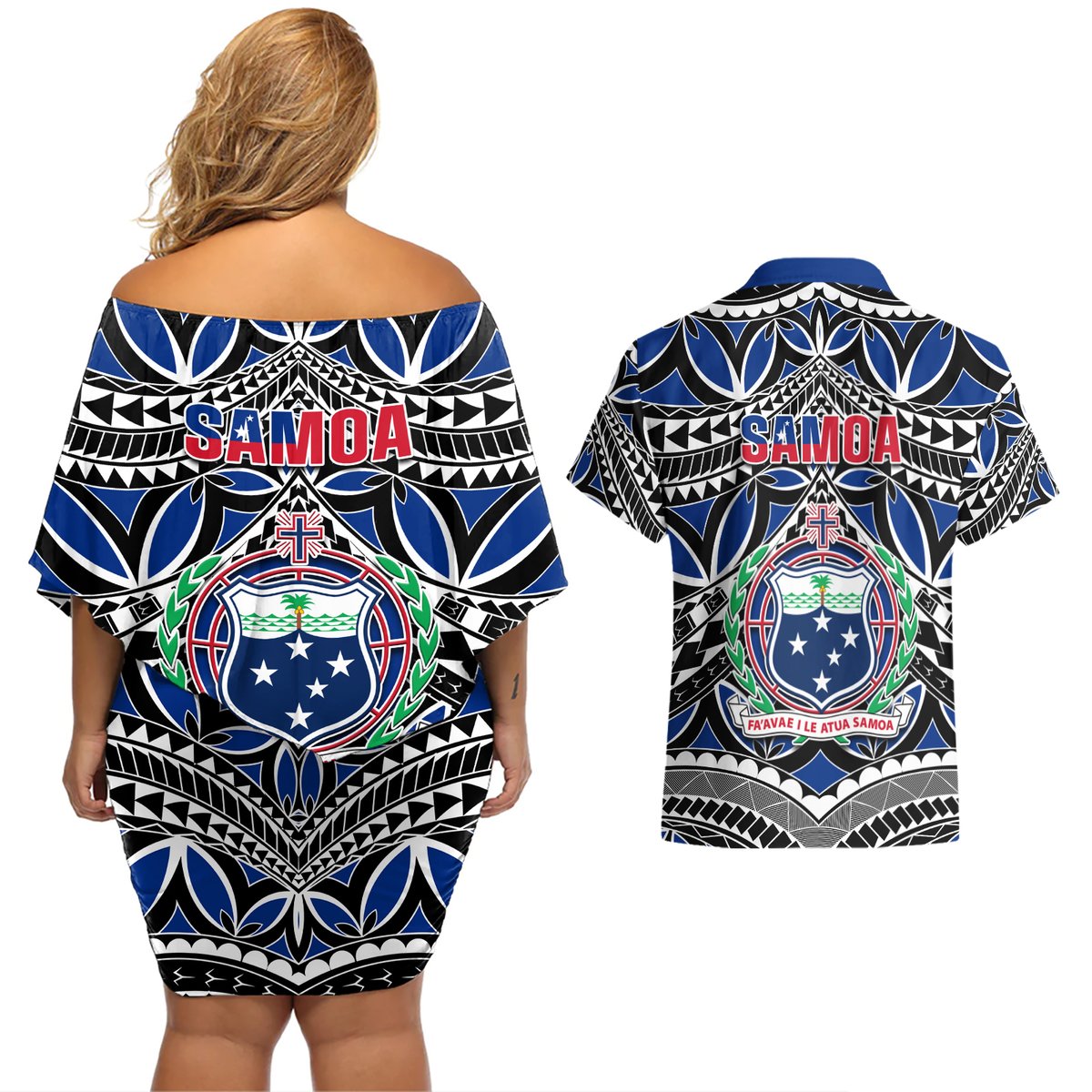 Samoa 685 Couples Matching Off Shoulder Short Dress and Hawaiian Shirt Samoan Coat Of Arms Simple Style LT14 - Polynesian Pride