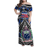 Samoa 685 Family Matching Off Shoulder Maxi Dress and Hawaiian Shirt Samoan Coat Of Arms Simple Style LT14 Mom's Dress Blue - Polynesian Pride