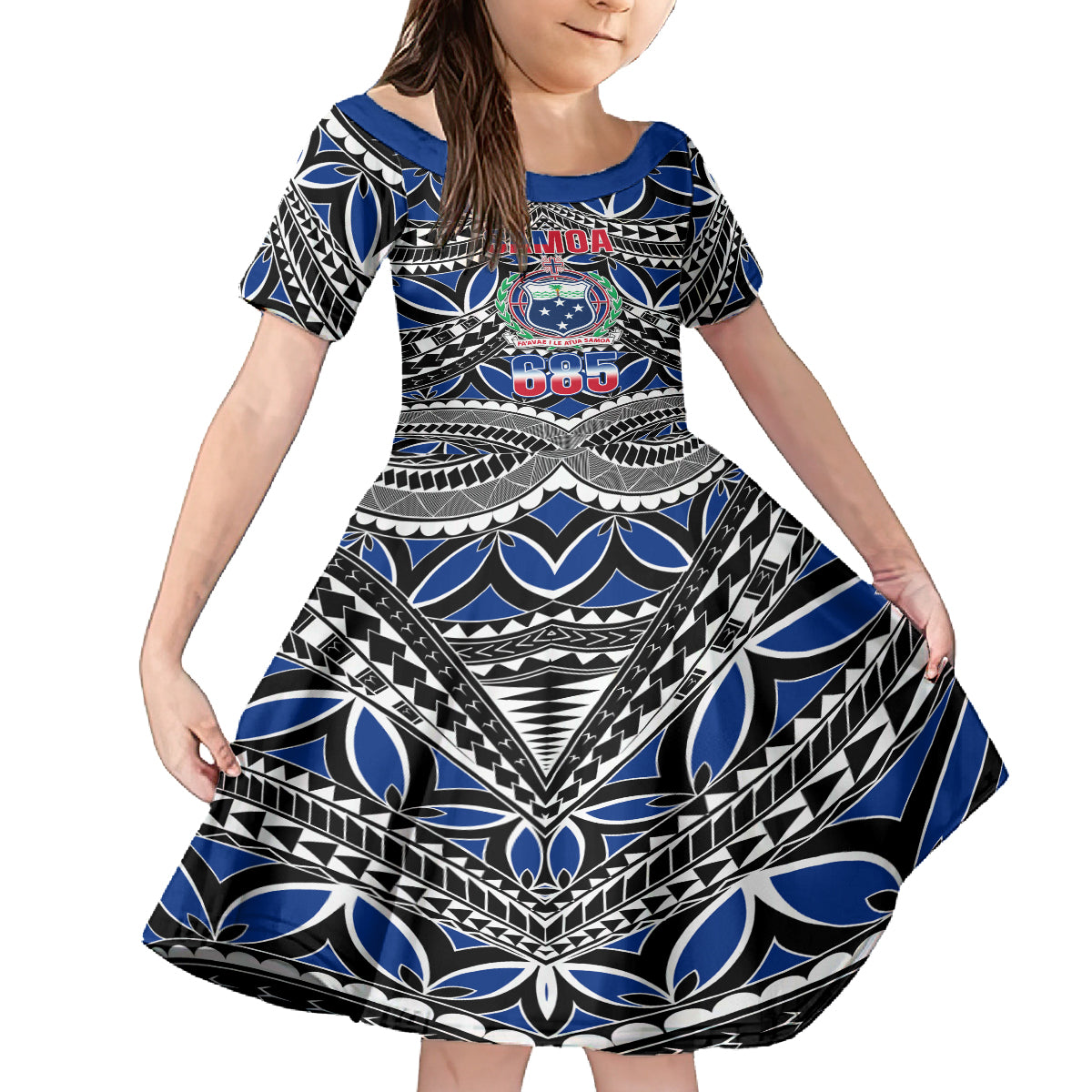 Samoa 685 Family Matching Tank Maxi Dress and Hawaiian Shirt Samoan Coat Of Arms Simple Style LT14 Daughter's Dress Blue - Polynesian Pride