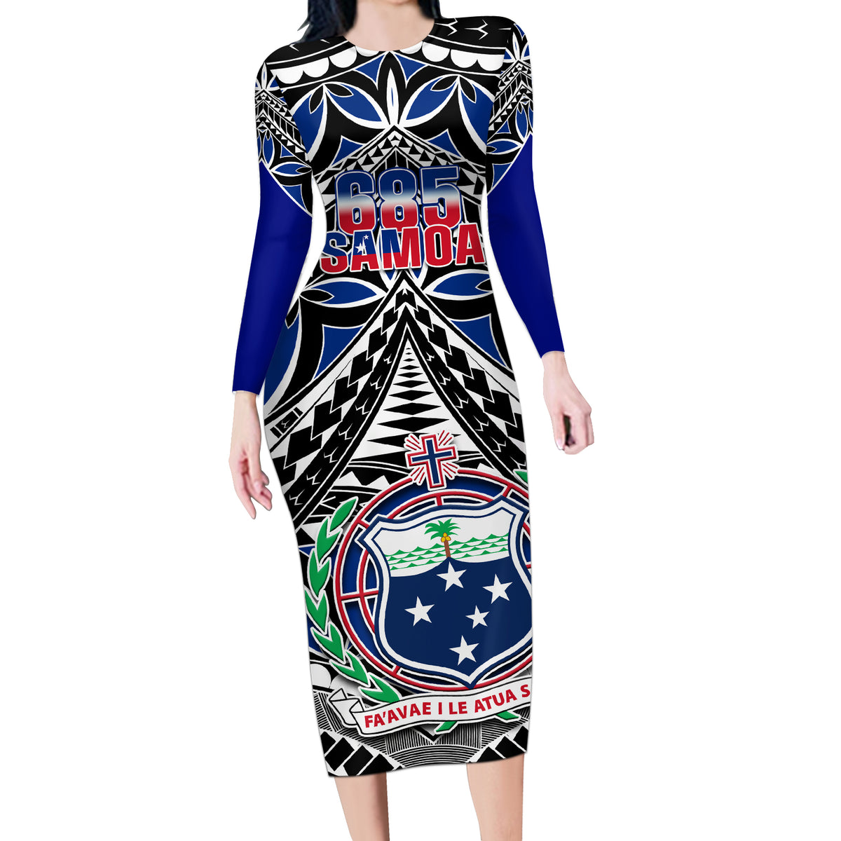 Samoa 685 Long Sleeve Bodycon Dress Samoan Coat Of Arms Simple Style LT14 Long Dress Blue - Polynesian Pride