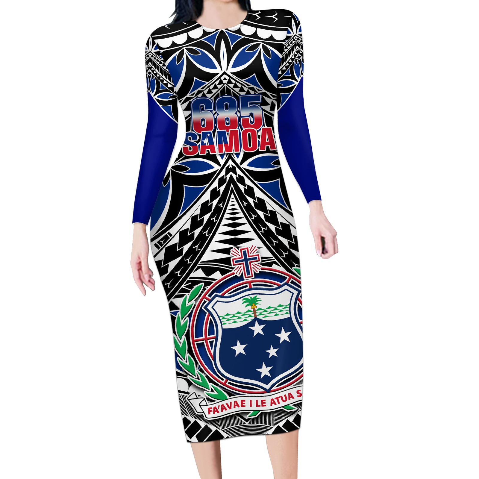 Samoa 685 Long Sleeve Bodycon Dress Samoan Coat Of Arms Simple Style LT14 Long Dress Blue - Polynesian Pride