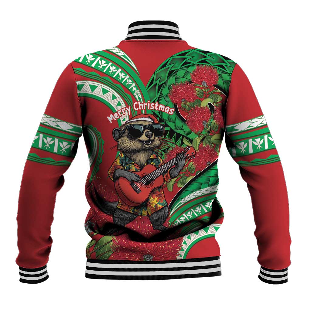 Mele Kalikimaka Hawaii Baseball Jacket Mongoose Santa With Ohia Lehua