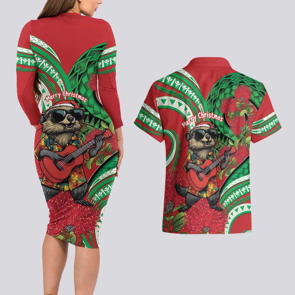 Mele Kalikimaka Hawaii Couples Matching Long Sleeve Bodycon Dress and Hawaiian Shirt Mongoose Santa With Ohia Lehua