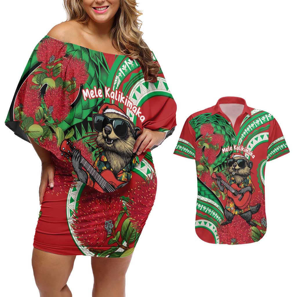 Mele Kalikimaka Hawaii Couples Matching Off Shoulder Short Dress and Hawaiian Shirt Mongoose Santa With Ohia Lehua