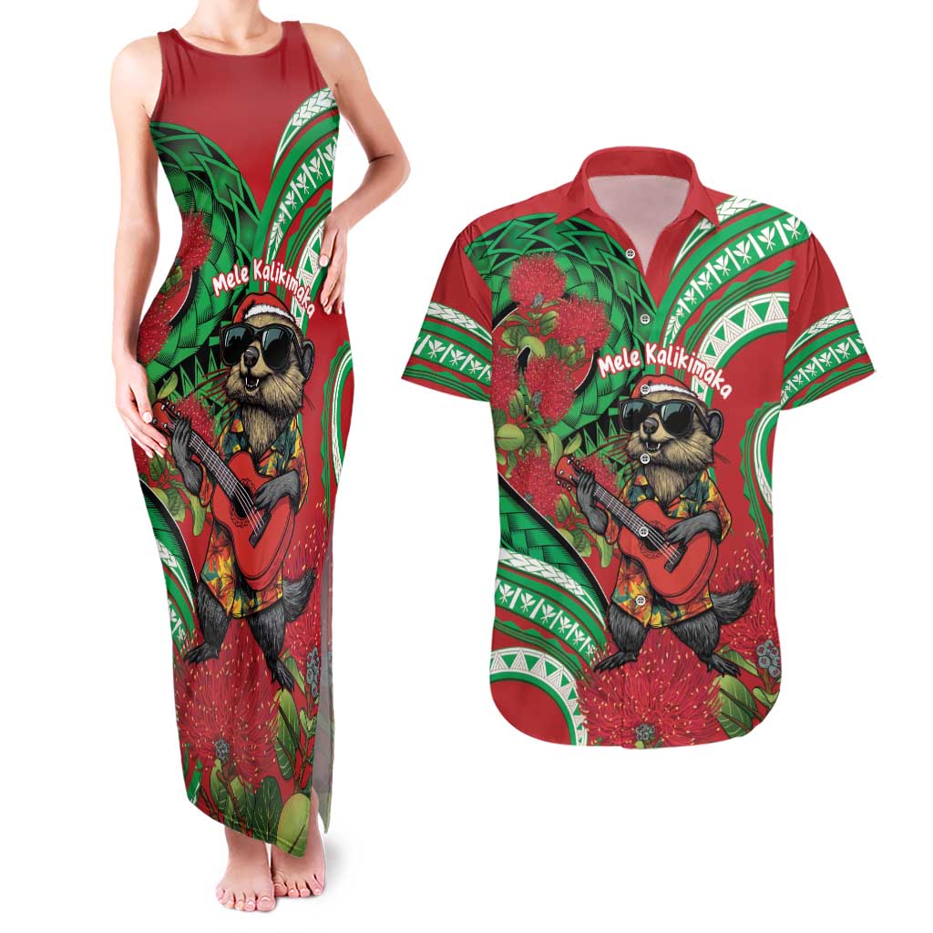 Mele Kalikimaka Hawaii Couples Matching Tank Maxi Dress and Hawaiian Shirt Mongoose Santa With Ohia Lehua