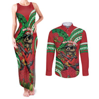 Mele Kalikimaka Hawaii Couples Matching Tank Maxi Dress and Long Sleeve Button Shirt Mongoose Santa With Ohia Lehua
