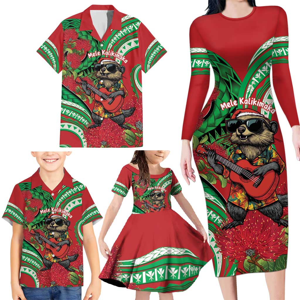 Mele Kalikimaka Hawaii Family Matching Long Sleeve Bodycon Dress and Hawaiian Shirt Mongoose Santa With Ohia Lehua