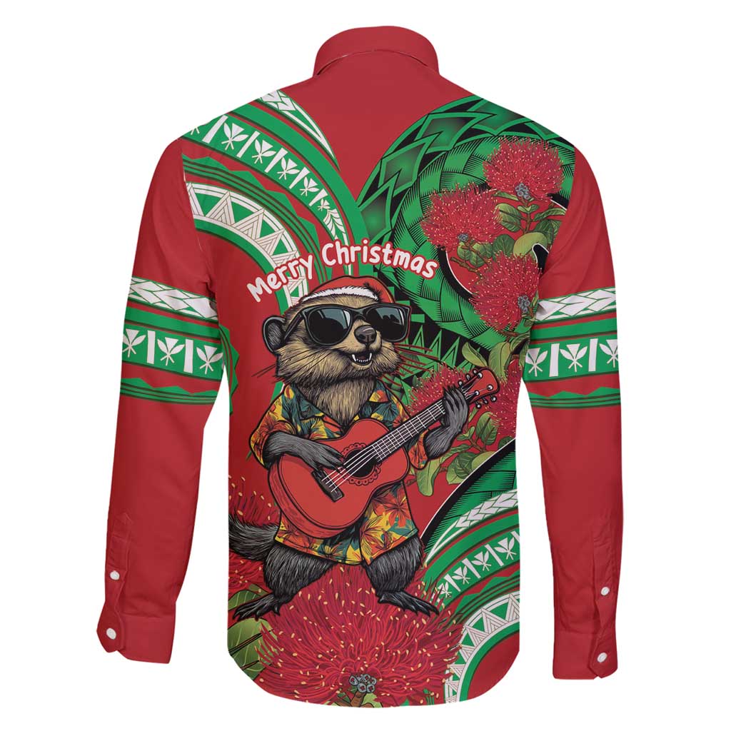 Mele Kalikimaka Hawaii Family Matching Long Sleeve Bodycon Dress and Hawaiian Shirt Mongoose Santa With Ohia Lehua