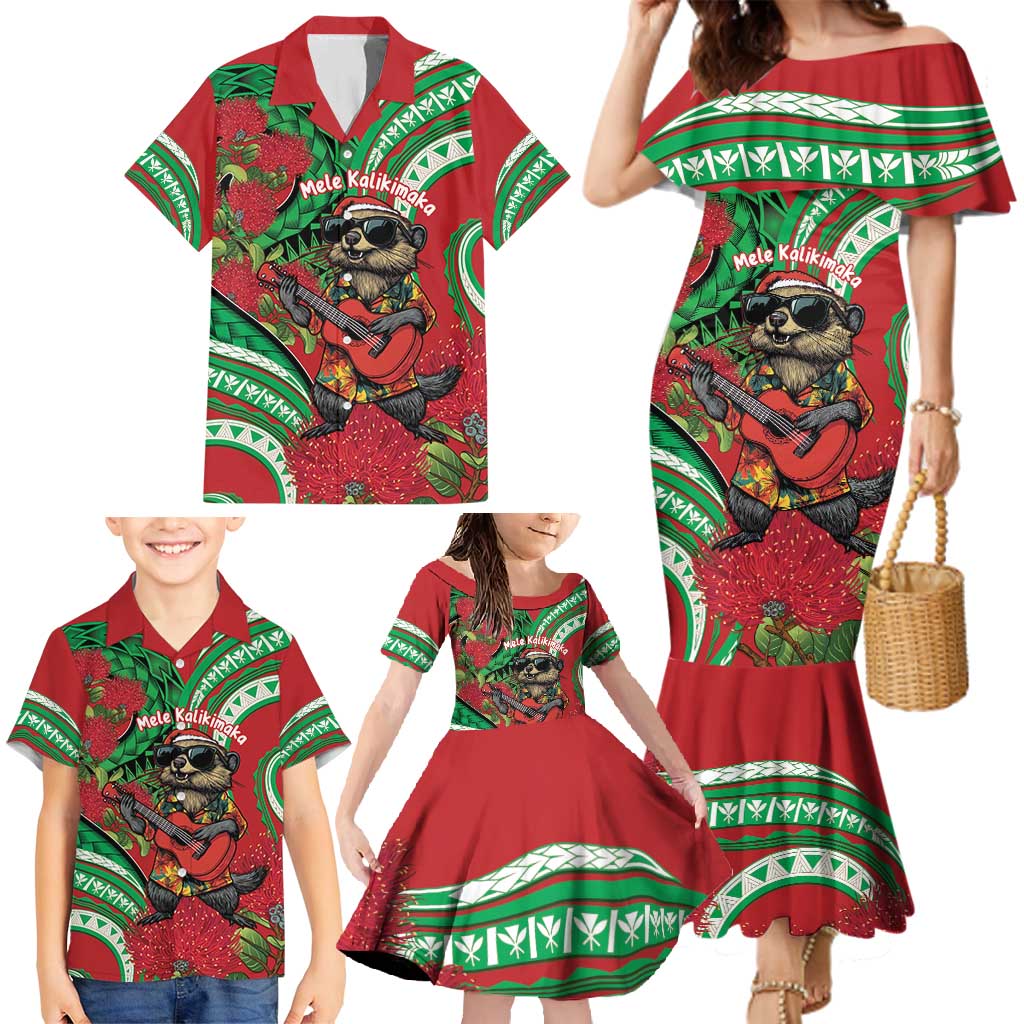 Mele Kalikimaka Hawaii Family Matching Mermaid Dress and Hawaiian Shirt Mongoose Santa With Ohia Lehua