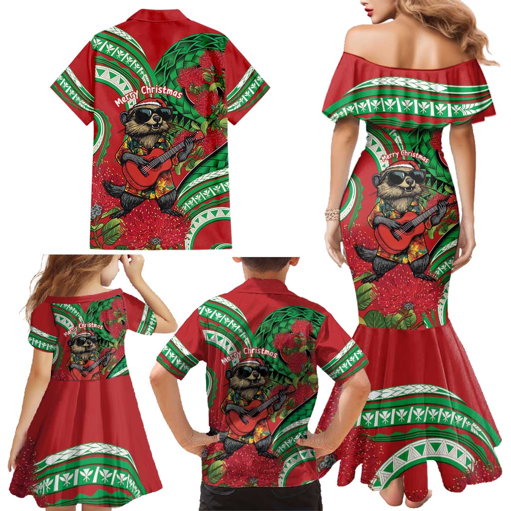Mele Kalikimaka Hawaii Family Matching Mermaid Dress and Hawaiian Shirt Mongoose Santa With Ohia Lehua
