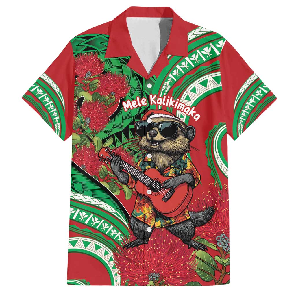 Mele Kalikimaka Hawaii Family Matching Off Shoulder Maxi Dress and Hawaiian Shirt Mongoose Santa With Ohia Lehua
