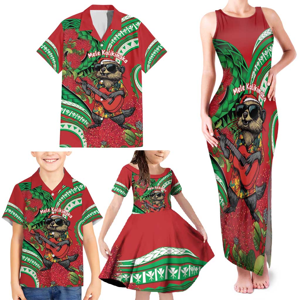 Mele Kalikimaka Hawaii Family Matching Tank Maxi Dress and Hawaiian Shirt Mongoose Santa With Ohia Lehua