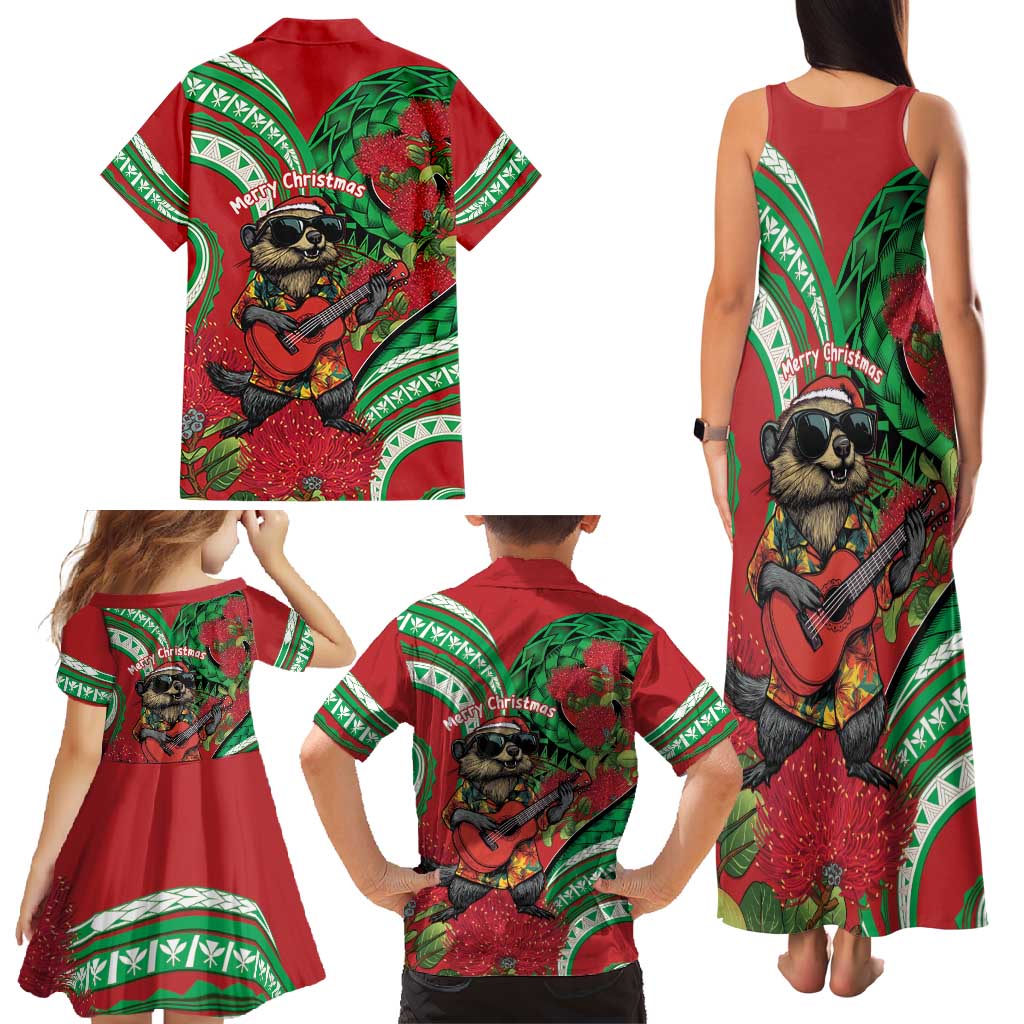 Mele Kalikimaka Hawaii Family Matching Tank Maxi Dress and Hawaiian Shirt Mongoose Santa With Ohia Lehua