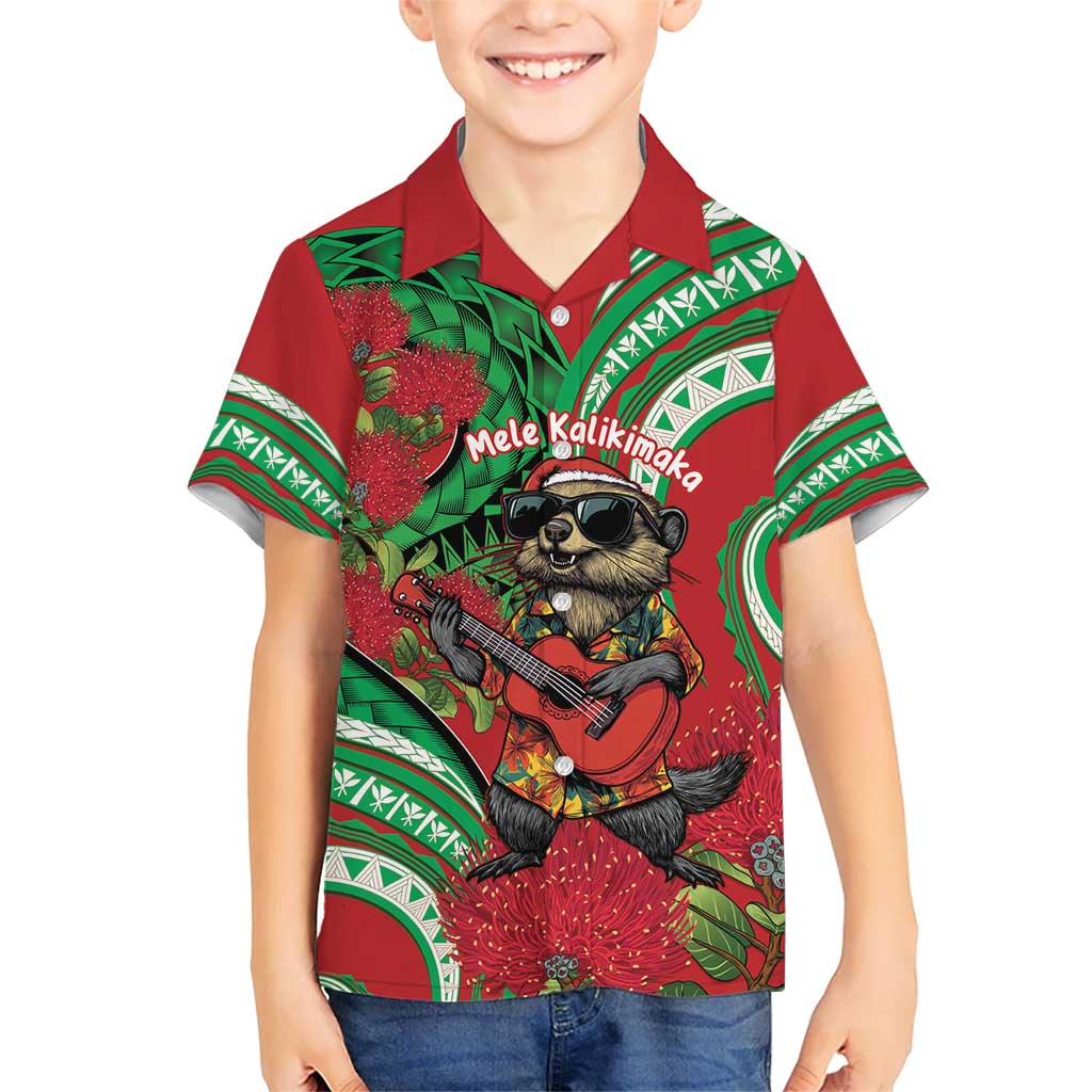 Mele Kalikimaka Hawaii Kid Hawaiian Shirt Mongoose Santa With Ohia Lehua LT14 Kid Red - Polynesian Pride