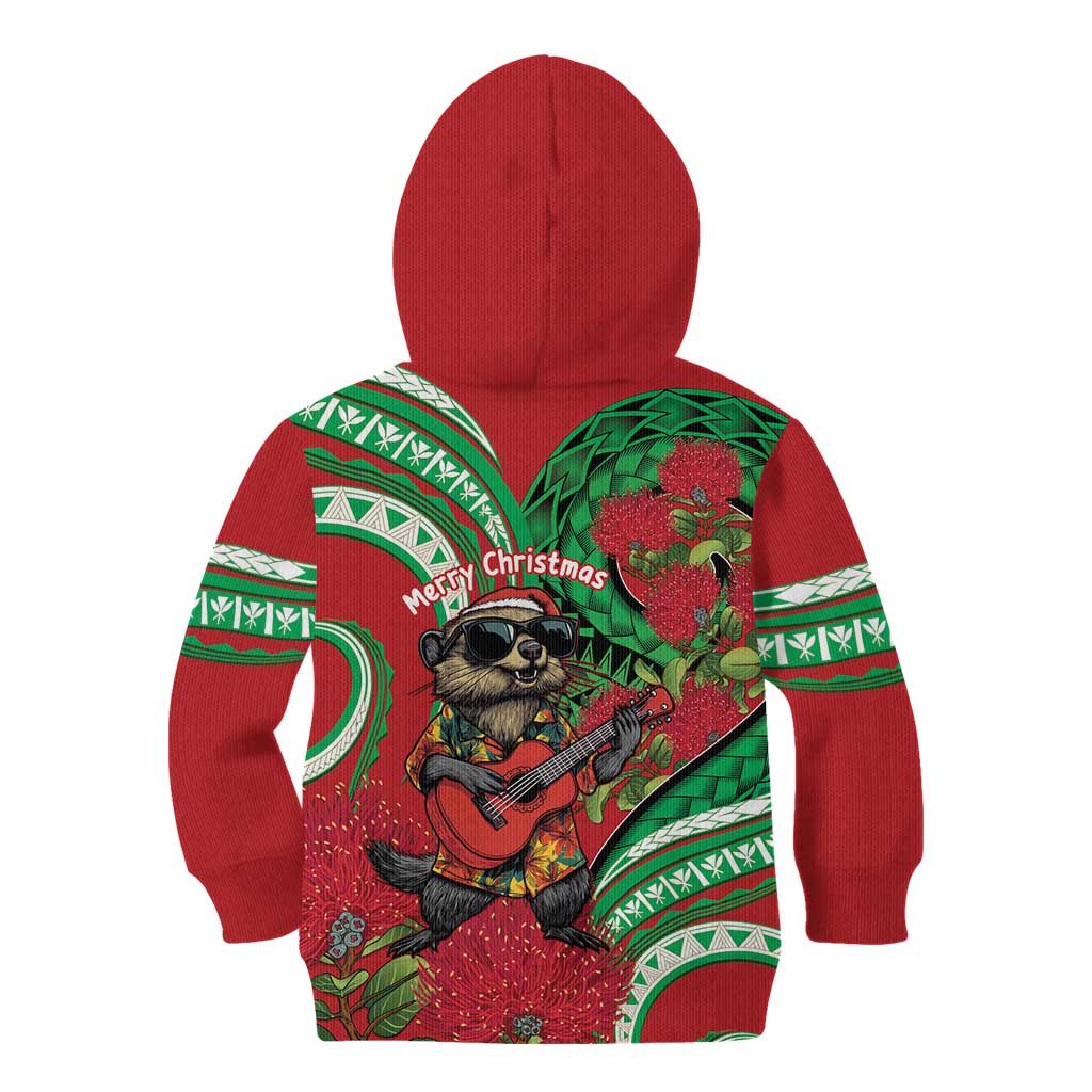 Mele Kalikimaka Hawaii Kid Hoodie Mongoose Santa With Ohia Lehua