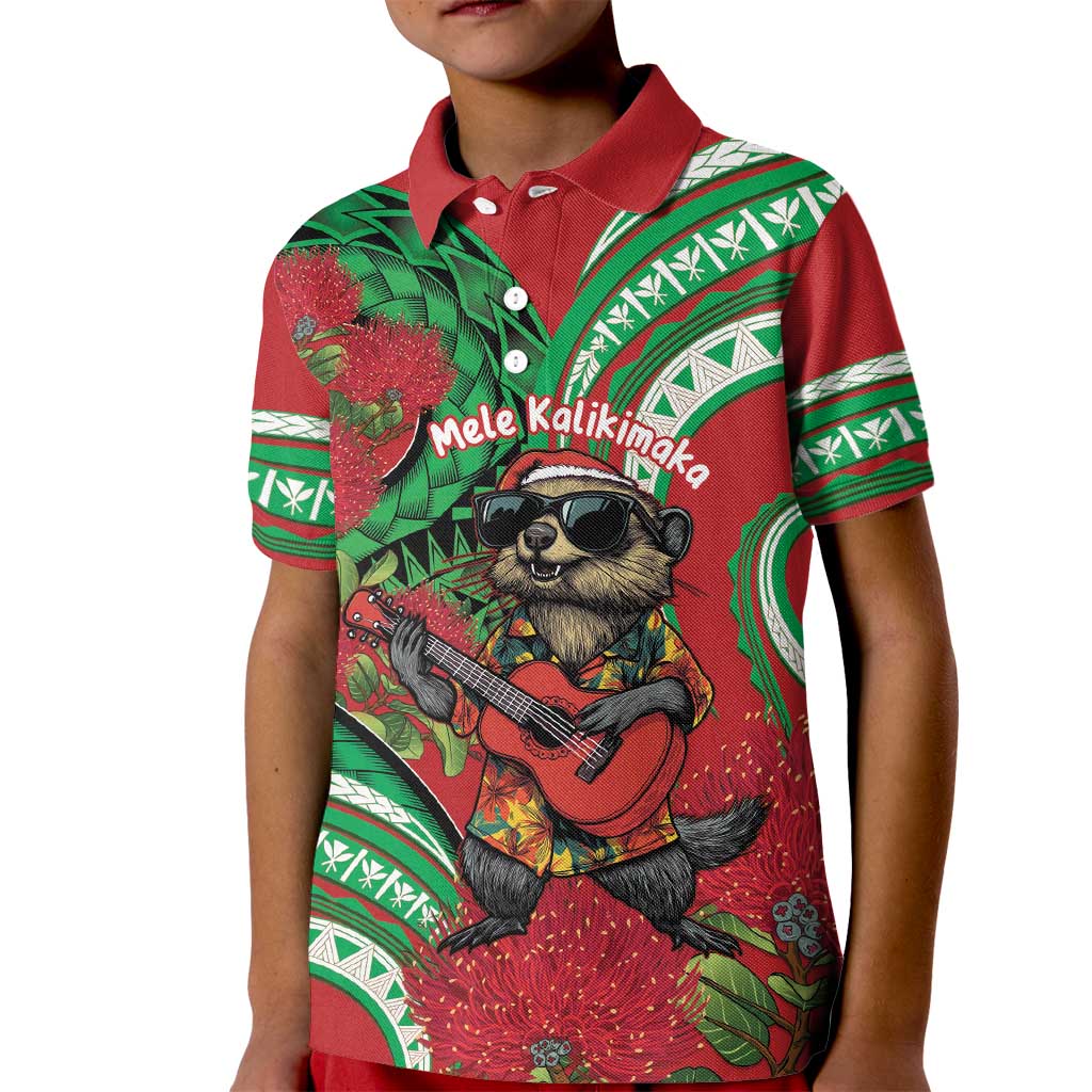 Mele Kalikimaka Hawaii Kid Polo Shirt Mongoose Santa With Ohia Lehua LT14 Kid Red - Polynesian Pride