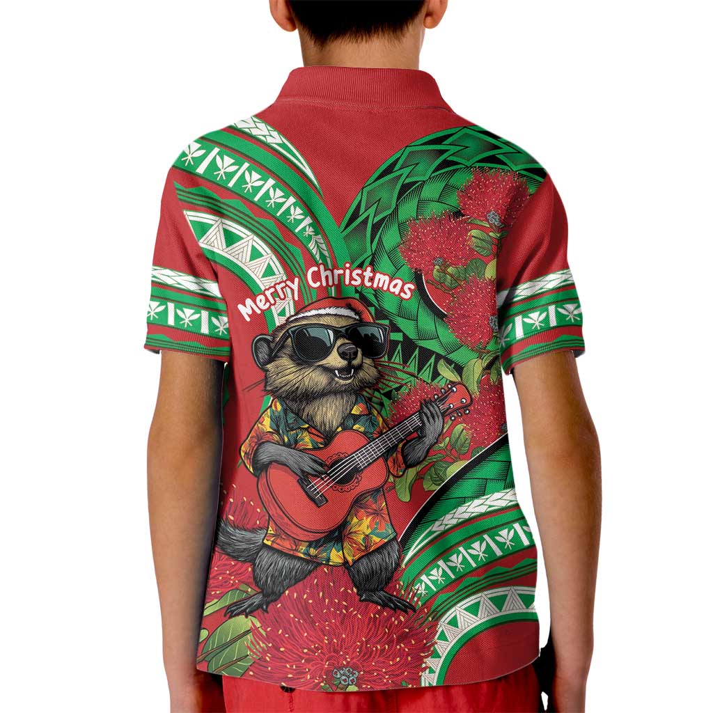 Mele Kalikimaka Hawaii Kid Polo Shirt Mongoose Santa With Ohia Lehua LT14 - Polynesian Pride