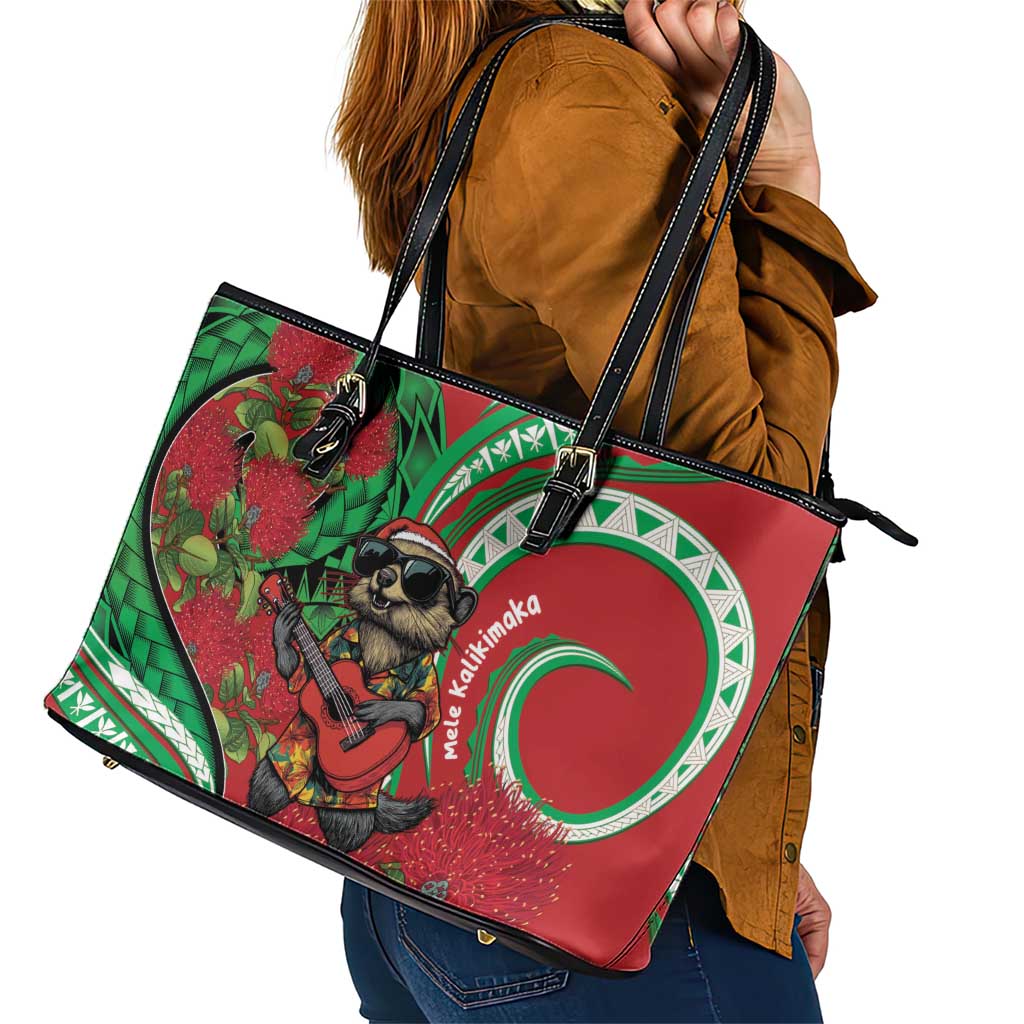 Mele Kalikimaka Hawaii Leather Tote Bag Mongoose Santa With Ohia Lehua