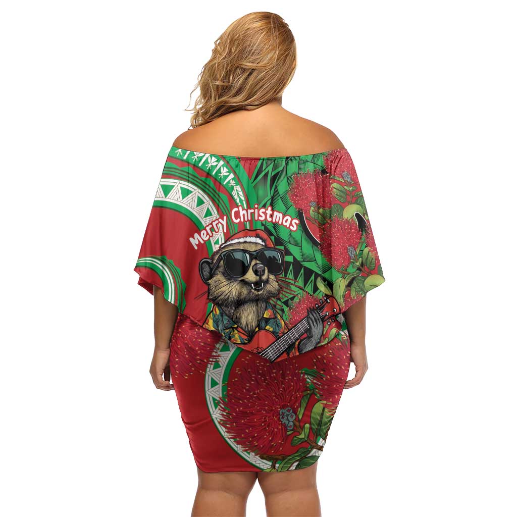 Mele Kalikimaka Hawaii Off Shoulder Short Dress Mongoose Santa With Ohia Lehua LT14 - Polynesian Pride