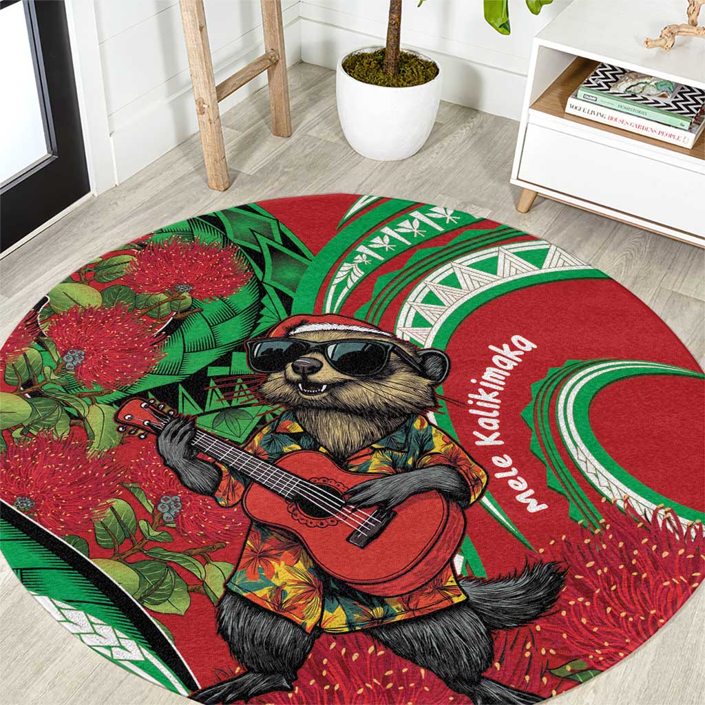Mele Kalikimaka Hawaii Round Carpet Mongoose Santa With Ohia Lehua LT14 Red - Polynesian Pride