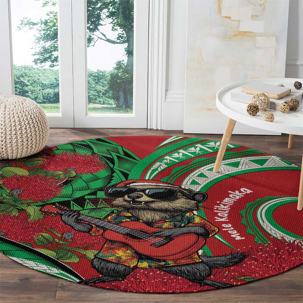 Mele Kalikimaka Hawaii Round Carpet Mongoose Santa With Ohia Lehua LT14 - Polynesian Pride