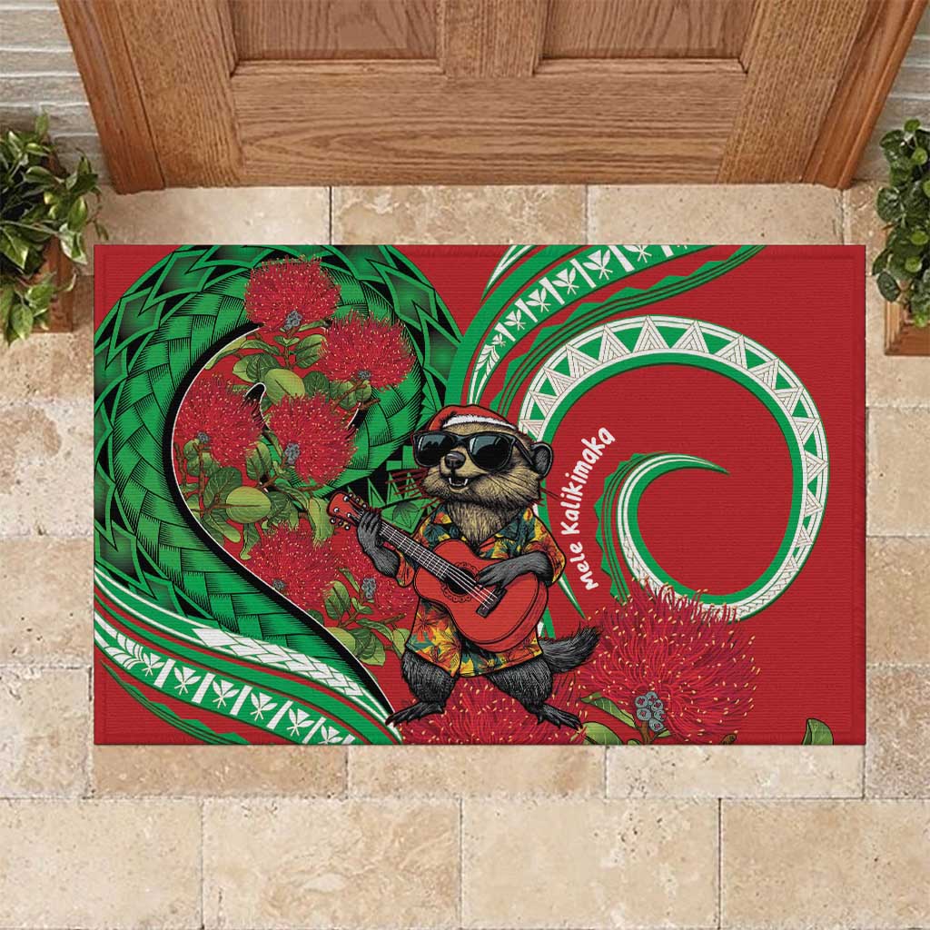 Mele Kalikimaka Hawaii Rubber Doormat Mongoose Santa With Ohia Lehua LT14 Red - Polynesian Pride