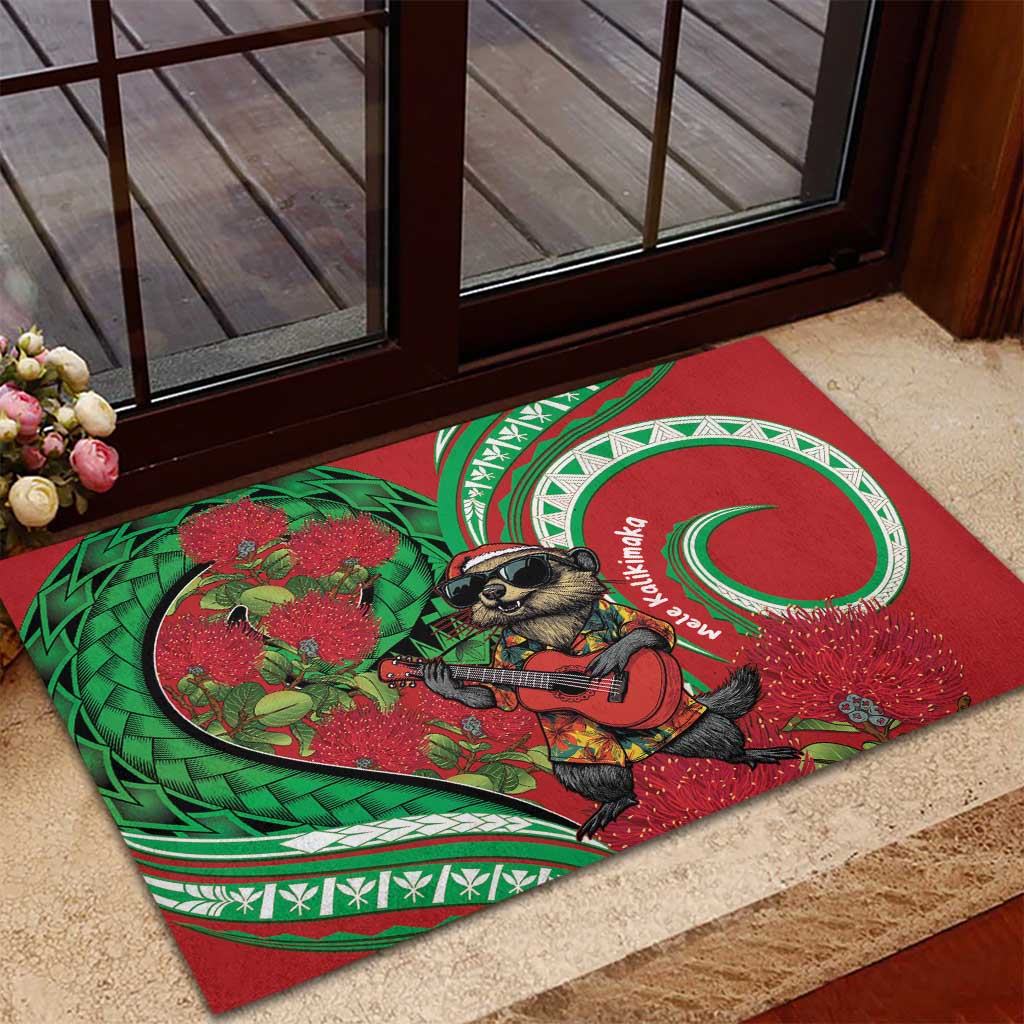 Mele Kalikimaka Hawaii Rubber Doormat Mongoose Santa With Ohia Lehua LT14 - Polynesian Pride