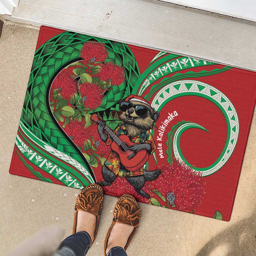 Mele Kalikimaka Hawaii Rubber Doormat Mongoose Santa With Ohia Lehua LT14 - Polynesian Pride