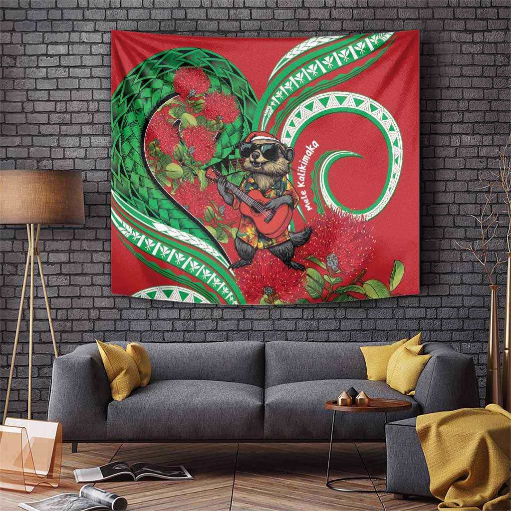Mele Kalikimaka Hawaii Tapestry Mongoose Santa With Ohia Lehua LT14 Red - Polynesian Pride