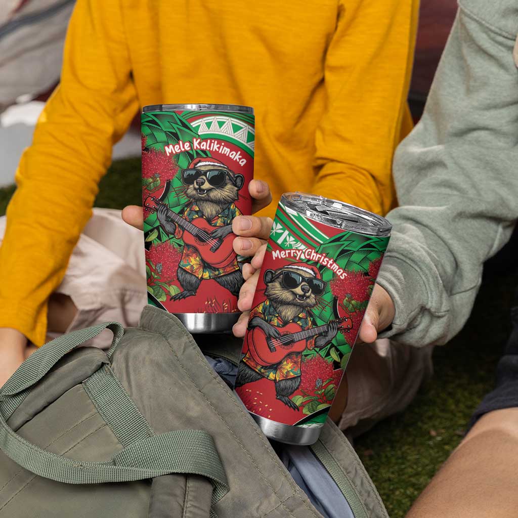 Mele Kalikimaka Hawaii Tumbler Cup Mongoose Santa With Ohia Lehua