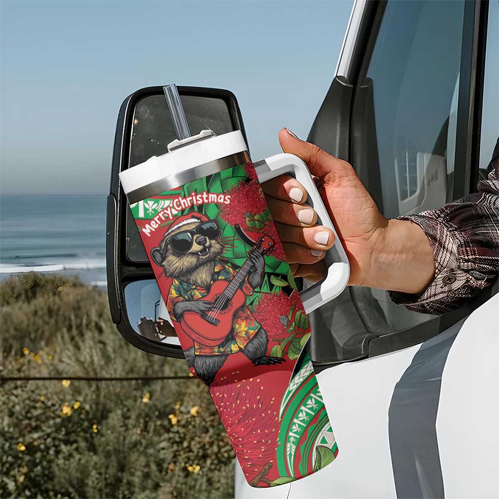 Mele Kalikimaka Hawaii Tumbler With Handle Mongoose Santa With Ohia Lehua