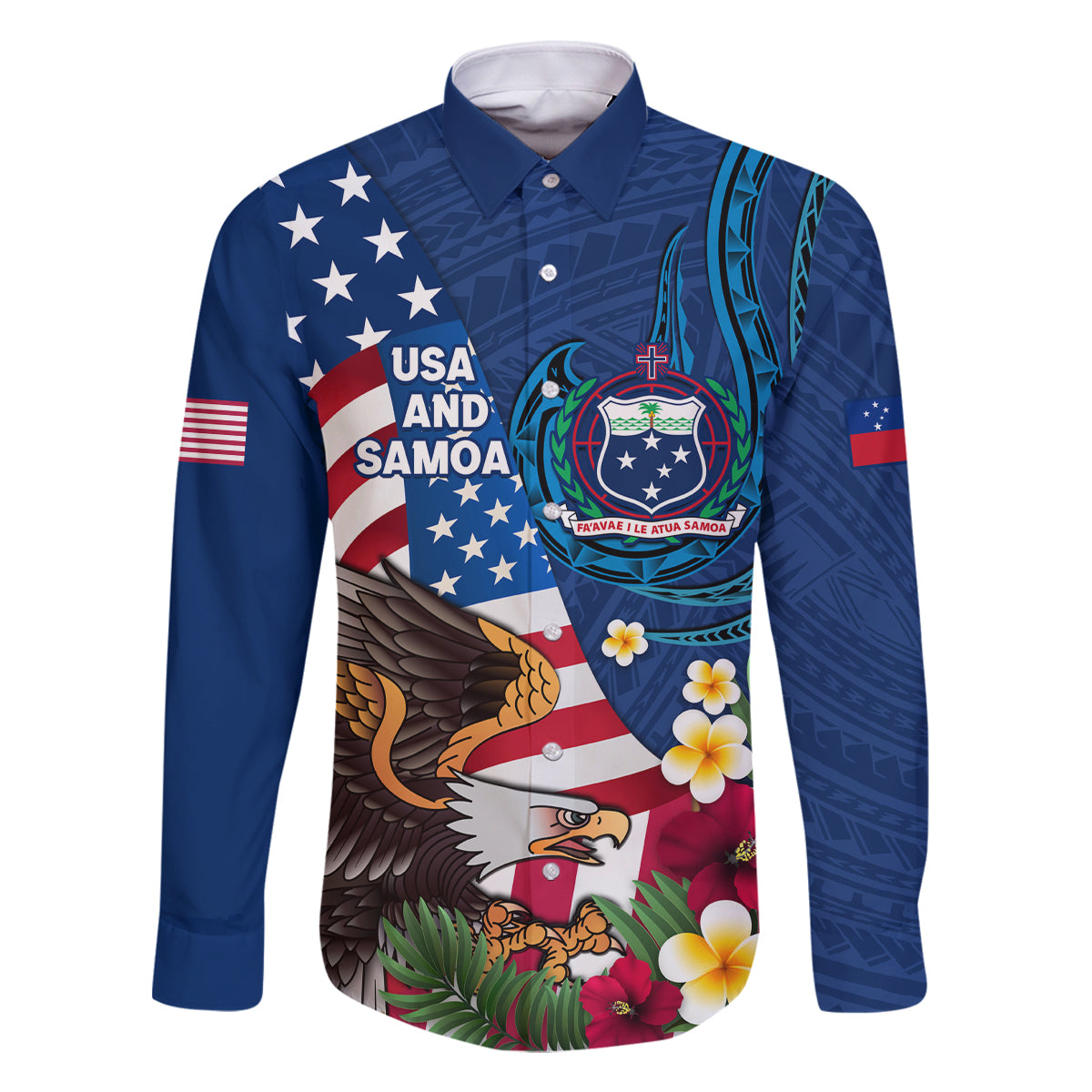 United States And Samoa Family Matching Off Shoulder Maxi Dress and Hawaiian Shirt USA Flag Eagle Mix Samoan Coat Of Arms LT14 Dad's Shirt - Long Sleeve Blue - Polynesian Pride