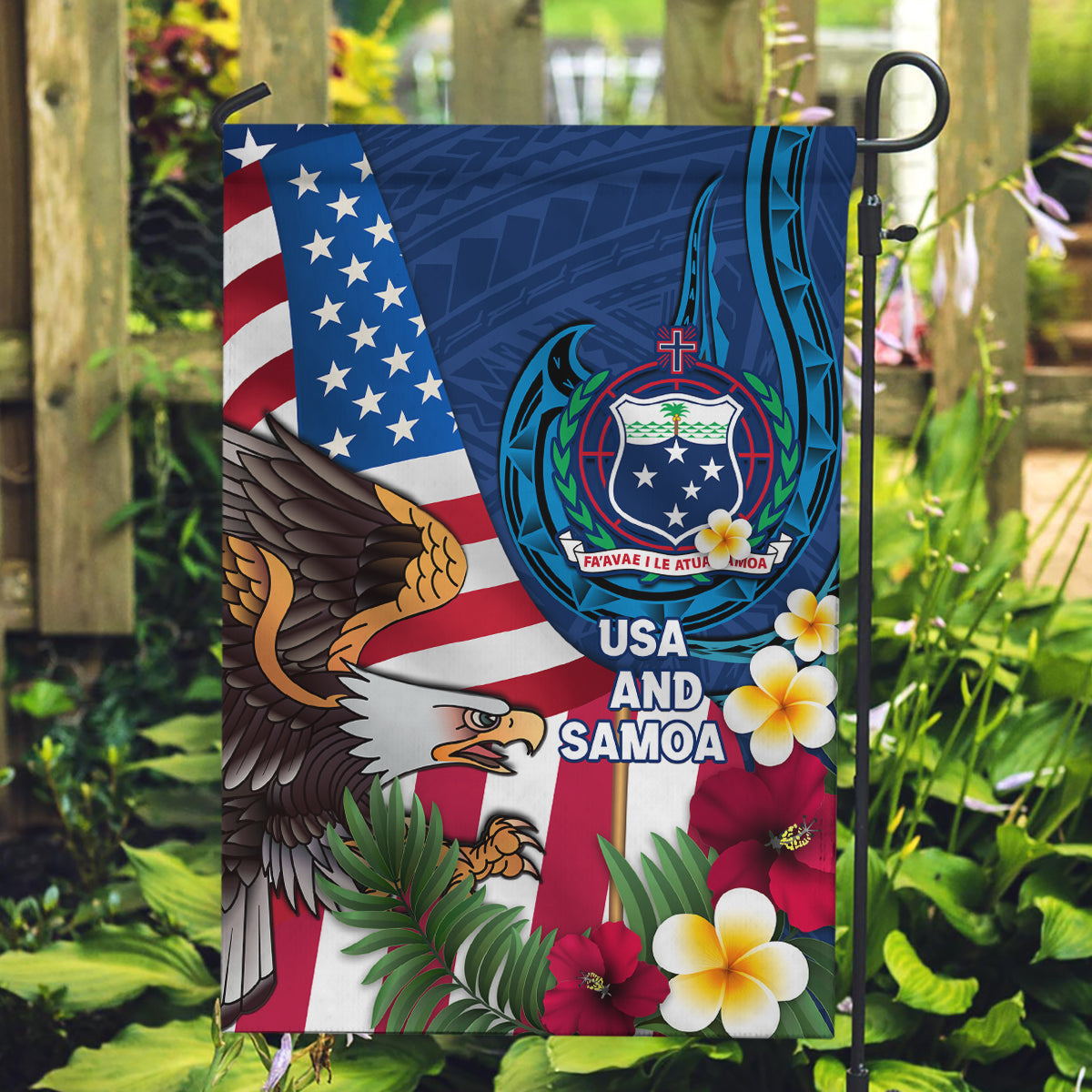 United States And Samoa Garden Flag USA Flag Eagle Mix Samoan Coat Of Arms LT14 Garden Flag Blue - Polynesian Pride