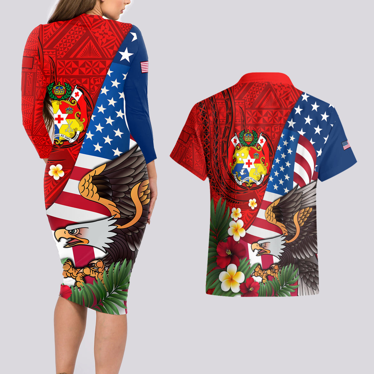 United States And Tonga Couples Matching Long Sleeve Bodycon Dress and Hawaiian Shirt USA Flag Eagle Mix Tongan Coat Of Arms Ngatu Pattern LT14 - Polynesian Pride