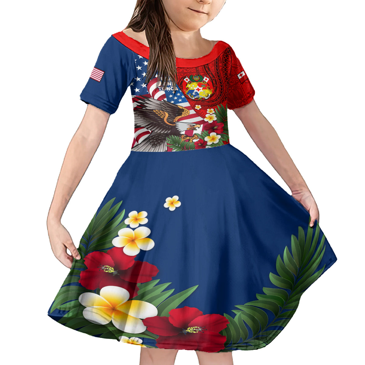 United States And Tonga Family Matching Off Shoulder Long Sleeve Dress and Hawaiian Shirt USA Flag Eagle Mix Tongan Coat Of Arms Ngatu Pattern LT14 Daughter's Dress Blue - Polynesian Pride