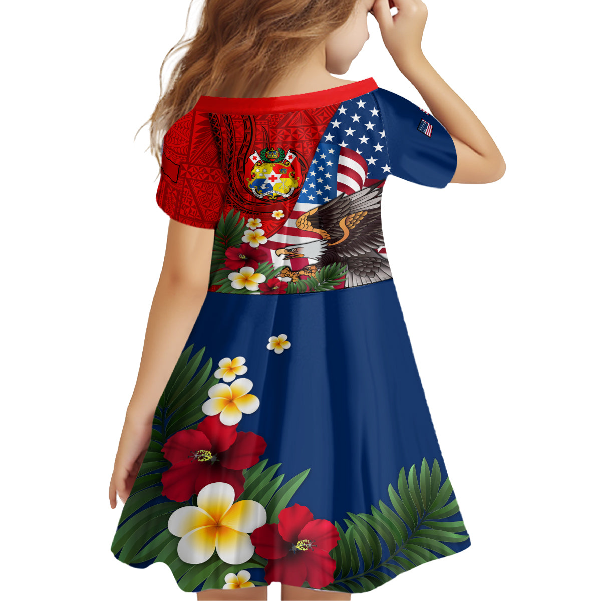 United States And Tonga Family Matching Off Shoulder Long Sleeve Dress and Hawaiian Shirt USA Flag Eagle Mix Tongan Coat Of Arms Ngatu Pattern LT14 - Polynesian Pride