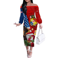 United States And Tonga Family Matching Off Shoulder Long Sleeve Dress and Hawaiian Shirt USA Flag Eagle Mix Tongan Coat Of Arms Ngatu Pattern LT14 Mom's Dress Blue - Polynesian Pride