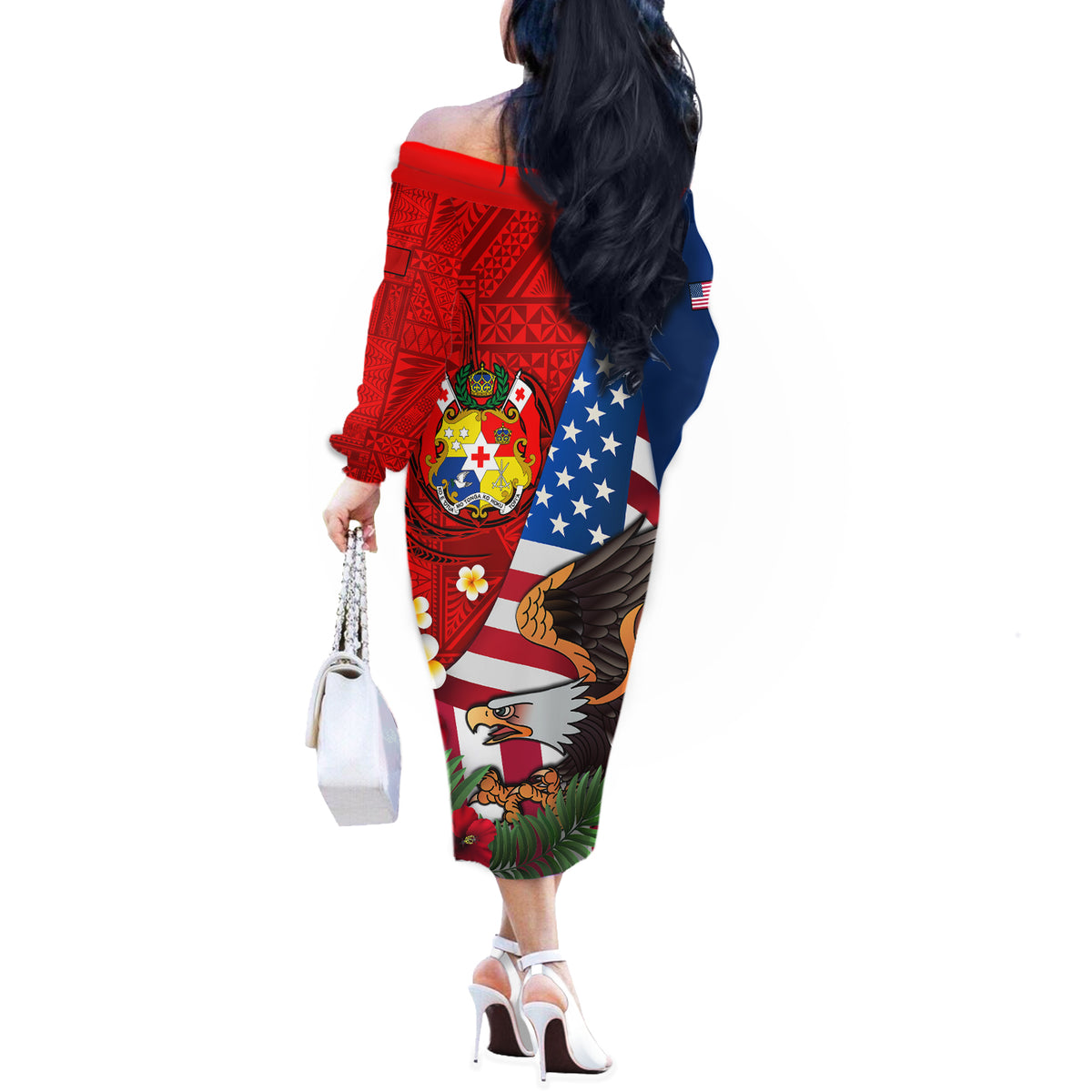 United States And Tonga Off The Shoulder Long Sleeve Dress USA Flag Eagle Mix Tongan Coat Of Arms Ngatu Pattern LT14 - Polynesian Pride